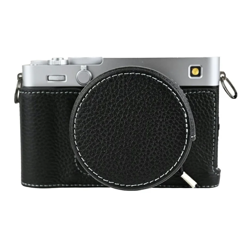 Für Fujifilm X-E5 Kameraetui Echtes Rindsleder Schutzhülle mit Objektivschutzkappe + Schultergurt - Schwarz