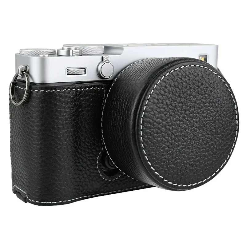 Für Fujifilm X-E5 Kameraetui Echtes Rindsleder Schutzhülle mit Objektivschutzkappe + Schultergurt - Schwarz
