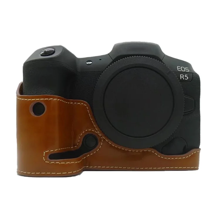 For Canon EOS R5 / R6 PU Leather Camera Bottom Case Battery Opening Design Protective Half Body Cover - Brown
