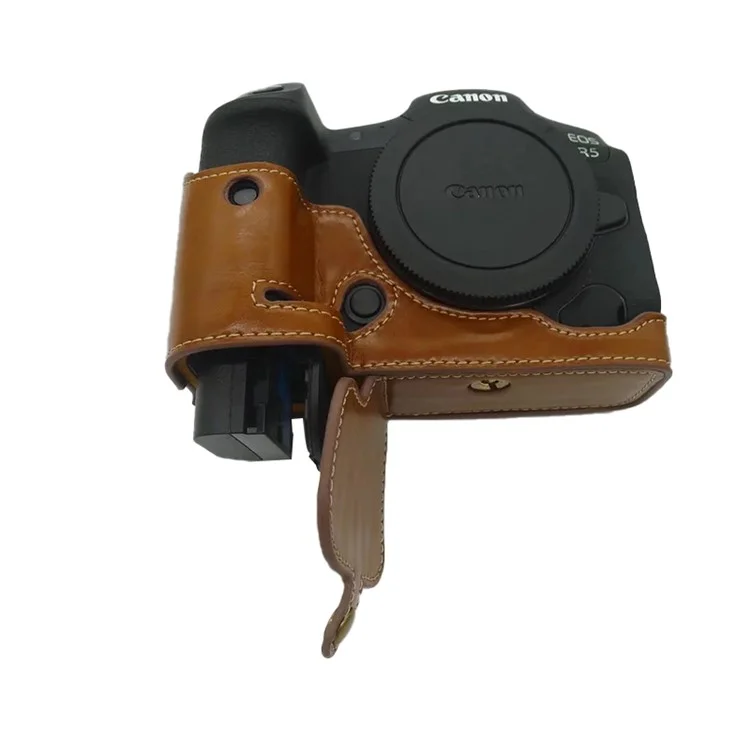 For Canon EOS R5 / R6 PU Leather Camera Bottom Case Battery Opening Design Protective Half Body Cover - Brown