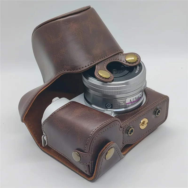 For Sony ZV-E10 Camera Case PU Leather Battery Access Opening Protective Cover with Shoulder Strap - Coffee