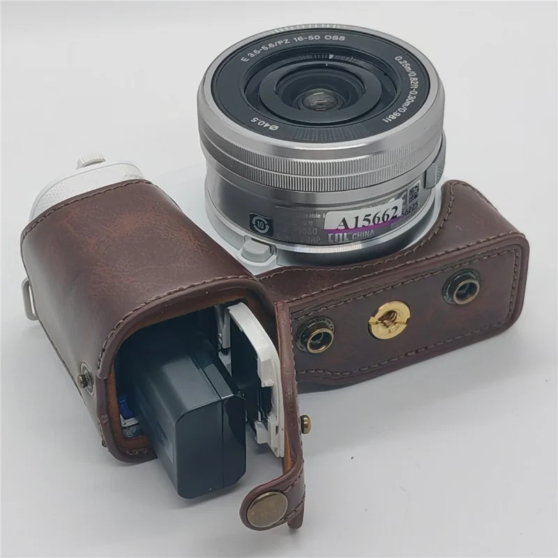 For Sony ZV-E10 Camera Case PU Leather Battery Access Opening Protective Cover with Shoulder Strap - Coffee