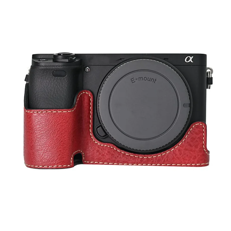 Camera Half Case For Sony A6400 / A6300 / A6100 / A6000 Battery Opening Litchi Texture Leather Bottom Cover with Shoulder Strap - Red
