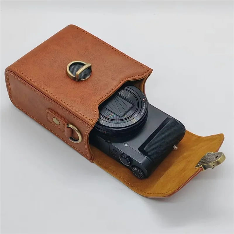 For Sony DSC-HX90 / DSC-WX500 Camera Bag PU Leather Flip Case with Hand Strap and Shoulder Strap - Brown