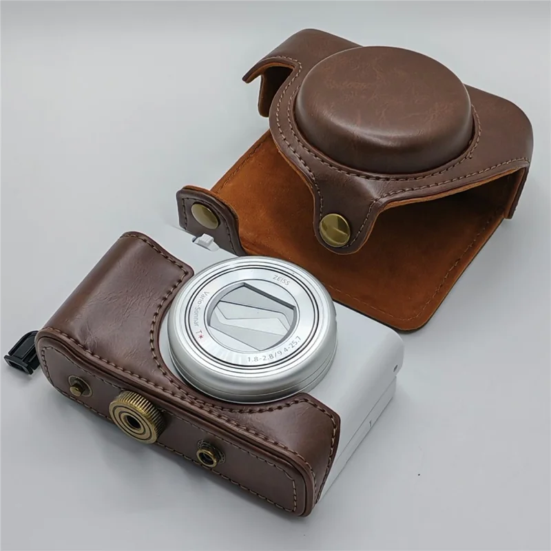 For Sony ZV-1 Camera Bag PU Leather Two-Piece Camera Case Protective Cover and Wrist Strap - Coffee