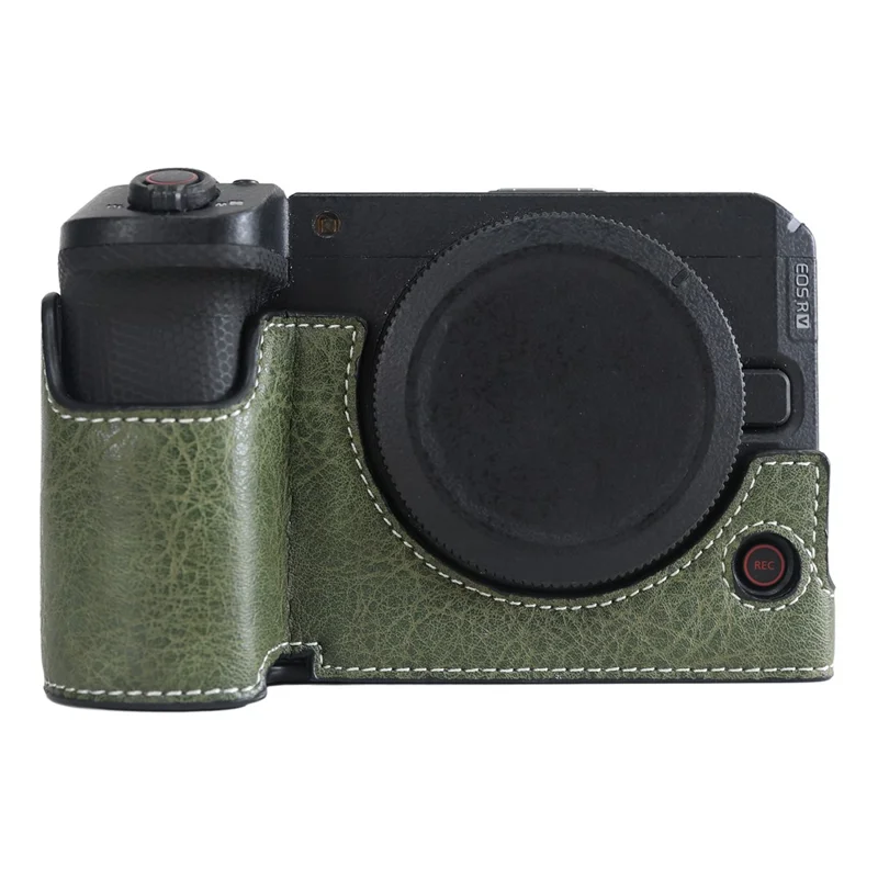 For Canon EOS R6 V PU Leather Half Camera Case Tripod Mount Protective Cover with Detachable Wrist Strap - Green