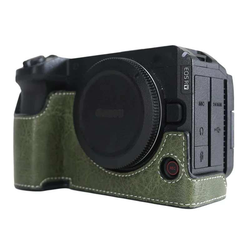 For Canon EOS R6 V PU Leather Half Camera Case Tripod Mount Protective Cover with Detachable Wrist Strap - Green
