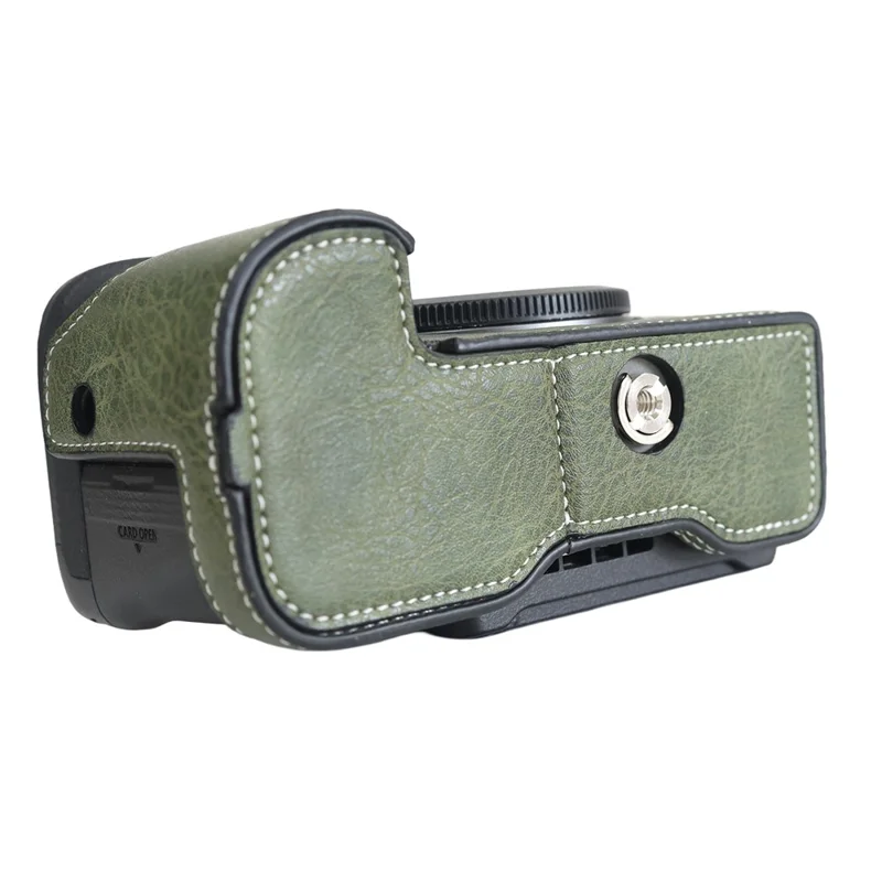 For Canon EOS R6 V PU Leather Half Camera Case Tripod Mount Protective Cover with Detachable Wrist Strap - Green