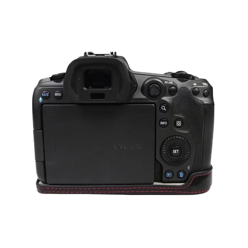 غطاء سفلي للكاميرا من جلد البولي يوريثان لل canon eos r5 / r6 / r62 بتصميم فتحة بطارية وبطانة من الفланنة غطاء واقي نصف جسم - أسود