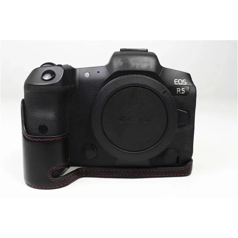 غطاء سفلي للكاميرا من جلد البولي يوريثان لل canon eos r5 / r6 / r62 بتصميم فتحة بطارية وبطانة من الفланنة غطاء واقي نصف جسم - أسود