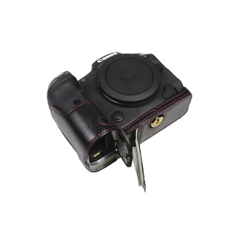 غطاء سفلي للكاميرا من جلد البولي يوريثان لل canon eos r5 / r6 / r62 بتصميم فتحة بطارية وبطانة من الفланنة غطاء واقي نصف جسم - أسود