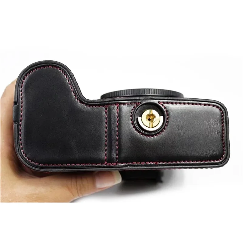 غطاء سفلي للكاميرا من جلد البولي يوريثان لل canon eos r5 / r6 / r62 بتصميم فتحة بطارية وبطانة من الفланنة غطاء واقي نصف جسم - أسود