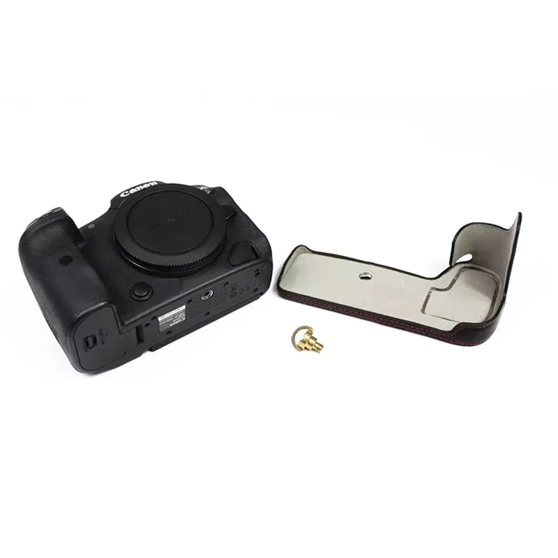 غطاء سفلي للكاميرا من جلد البولي يوريثان لل canon eos r5 / r6 / r62 بتصميم فتحة بطارية وبطانة من الفланنة غطاء واقي نصف جسم - أسود