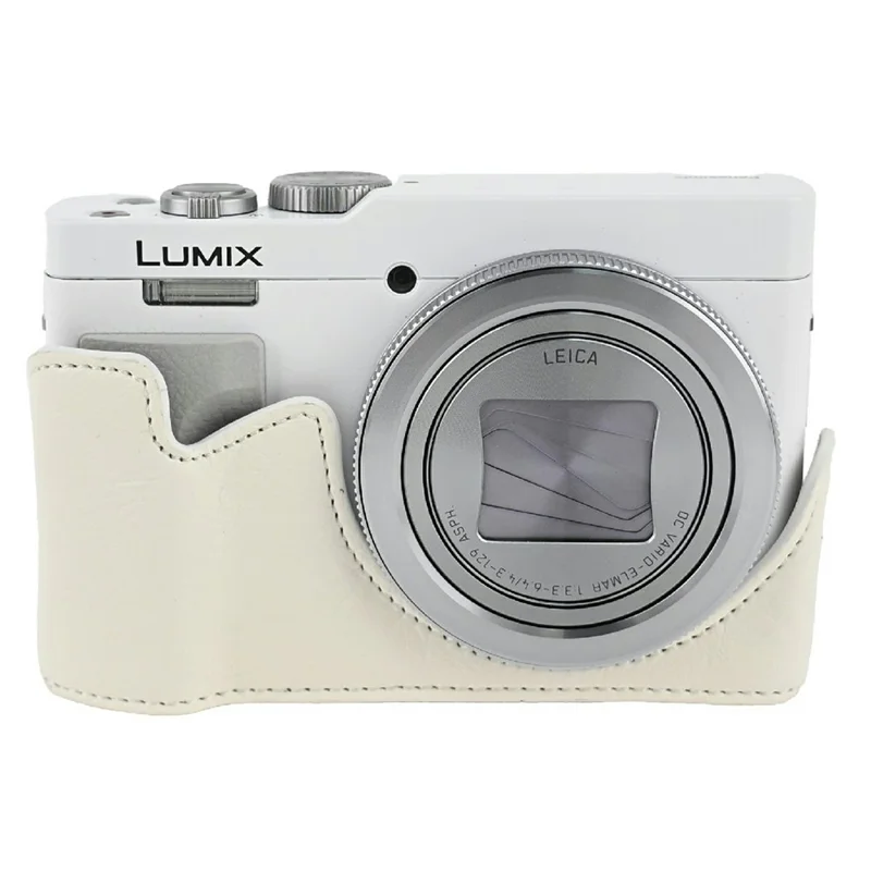 غطاء للكاميرا من جلد البولي يوريثان + نسيج مايكروفايبر للكاميرا Panasonic Lumix DMC-ZS99 / DMC-TZ99 مع حزام كتف - أبيض