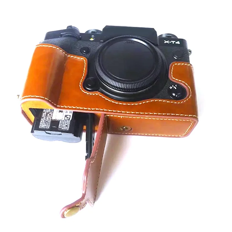 For Fujifilm X-T4 Digital Camera PU Leather Protective Bottom Case Anti-scratch Half Body Cover with Battery Opening - Brown