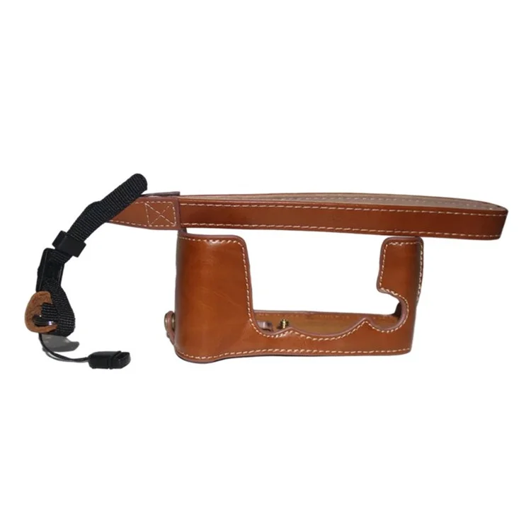 For Fujifilm X-E3 Camera PU Leather Bottom Case Battery Opening Design Half Body Protective Cover with Hand Strap - Brown