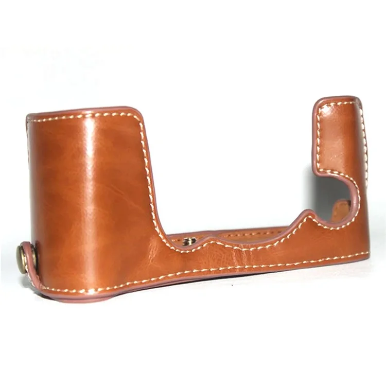 For Fujifilm X-E3 Camera PU Leather Bottom Case Battery Opening Design Half Body Protective Cover with Hand Strap - Brown