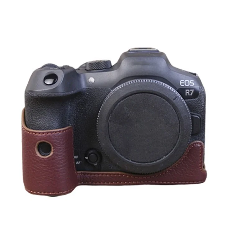 For Canon EOS R7 Genuine Leather Camera Bottom Case Battery Opening Design Half Body Protective Cover - Coffee