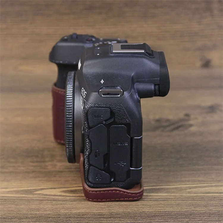 For Canon EOS R7 Genuine Leather Camera Bottom Case Battery Opening Design Half Body Protective Cover - Coffee