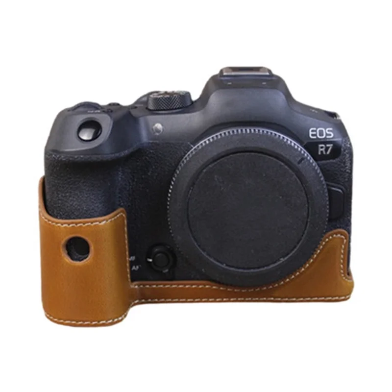 For Canon EOS R7 Digital Camera Bottom Case PU Leather Half Body Protective Cover with Battery Opening Design - Brown