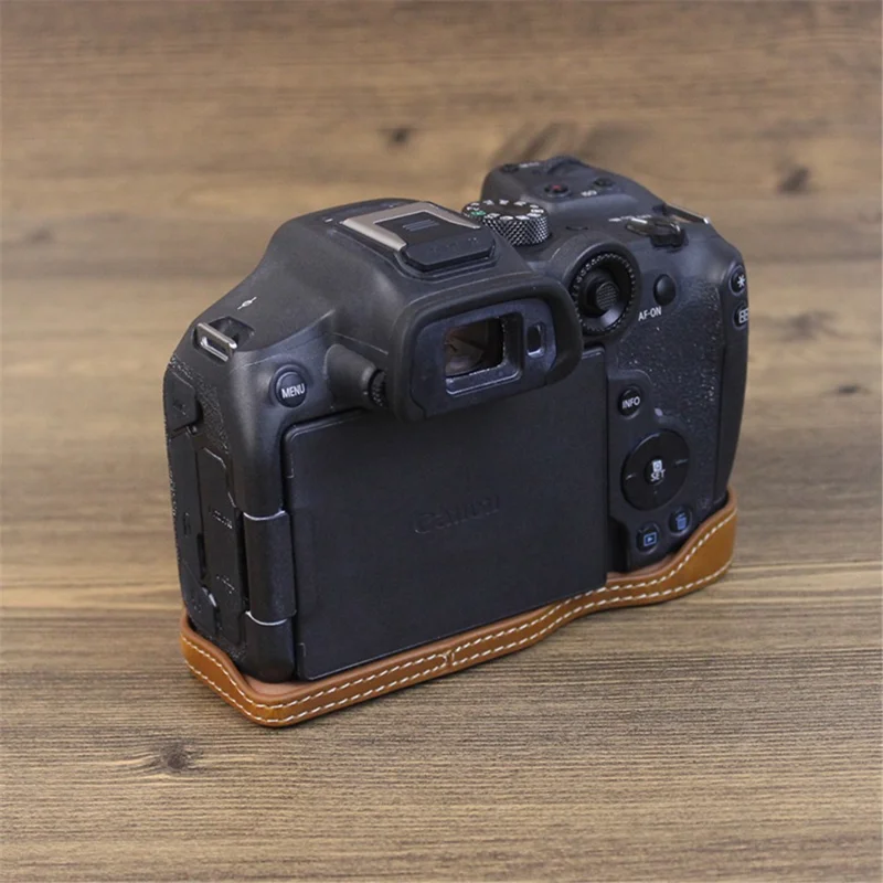 For Canon EOS R7 Digital Camera Bottom Case PU Leather Half Body Protective Cover with Battery Opening Design - Brown