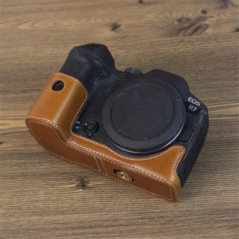 For Canon EOS R7 Digital Camera Bottom Case PU Leather Half Body Protective Cover with Battery Opening Design - Brown