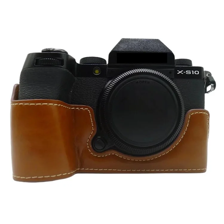 Кожаный чехол для камеры Fujifilm X-S10, противоцарапинный чехол для половины тела с отверстием для батареи - коричневый