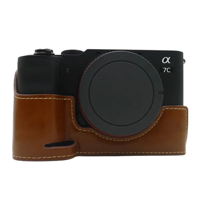For Sony A7C PU Leather Camera Cover Half Protective Bottom Case with Battery Opening Design - Brown