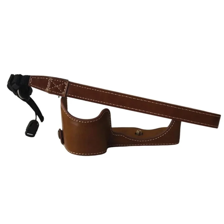 For Sony A6400 / A6300 / A6000 Battery Opening Bottom Case PU Leather Half Body Protective Cover with Hand Strap - Brown