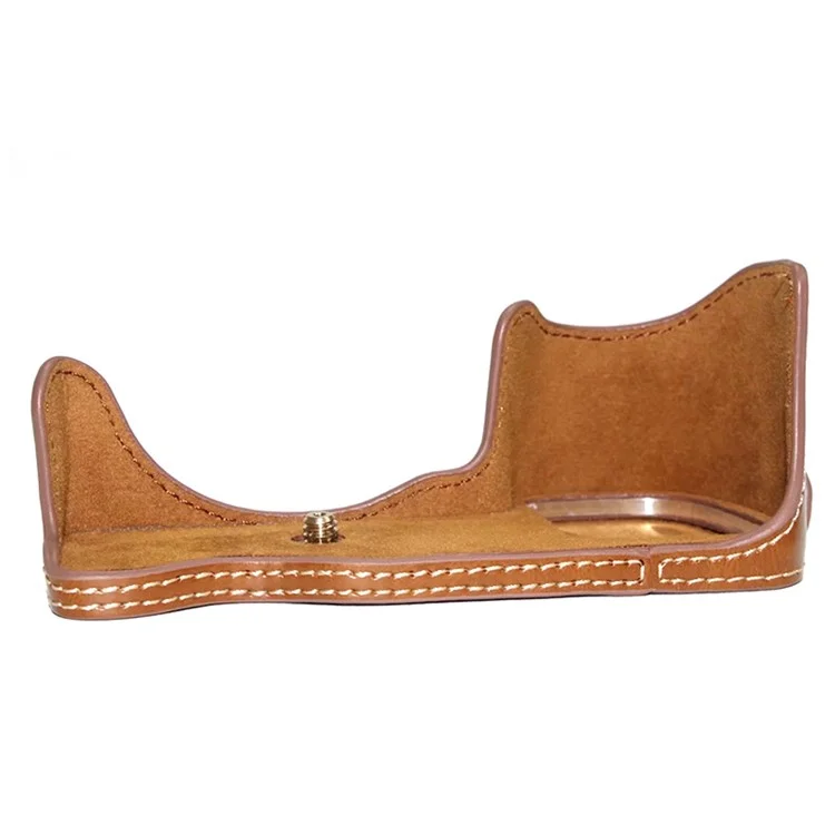 For Sony A6400 / A6300 / A6000 Battery Opening Bottom Case PU Leather Half Body Protective Cover with Hand Strap - Brown