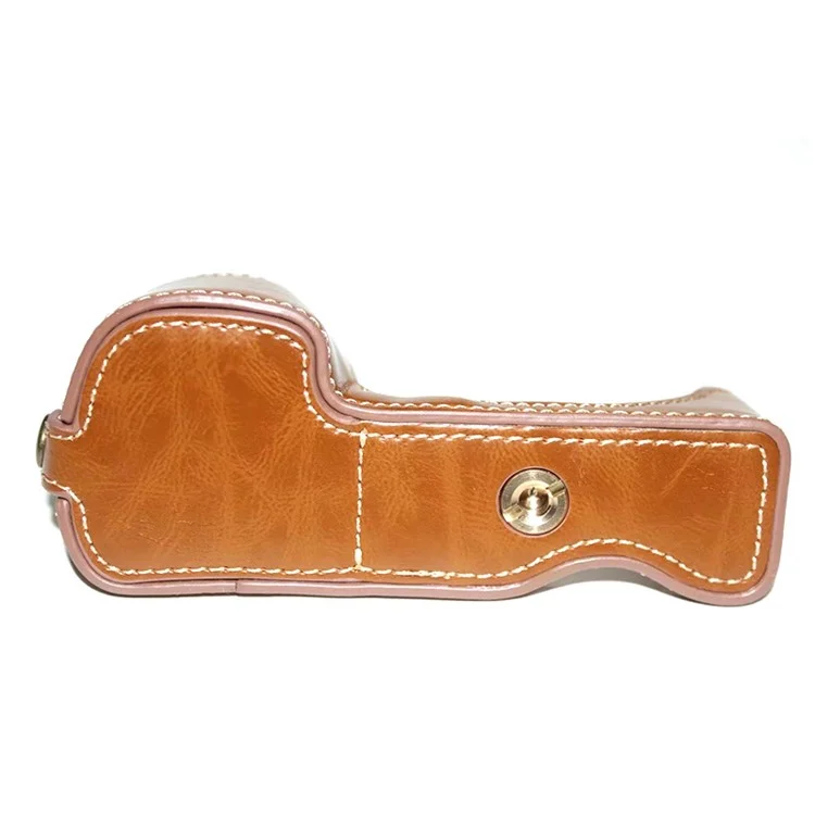 For Sony A6400 / A6300 / A6000 Battery Opening Bottom Case PU Leather Half Body Protective Cover with Hand Strap - Brown