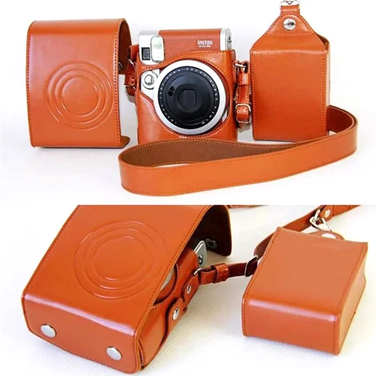Para Fujifilm Instax Mini 90 Bolsa de Cámara de Cuero Sintético Funda Protectora con Funda de Película y Correa para el Cuello - Marrón