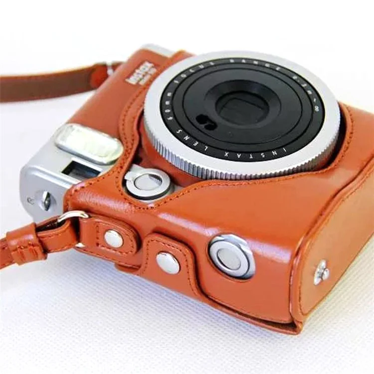Para Fujifilm Instax Mini 90 Bolsa de Cámara de Cuero Sintético Funda Protectora con Funda de Película y Correa para el Cuello - Marrón