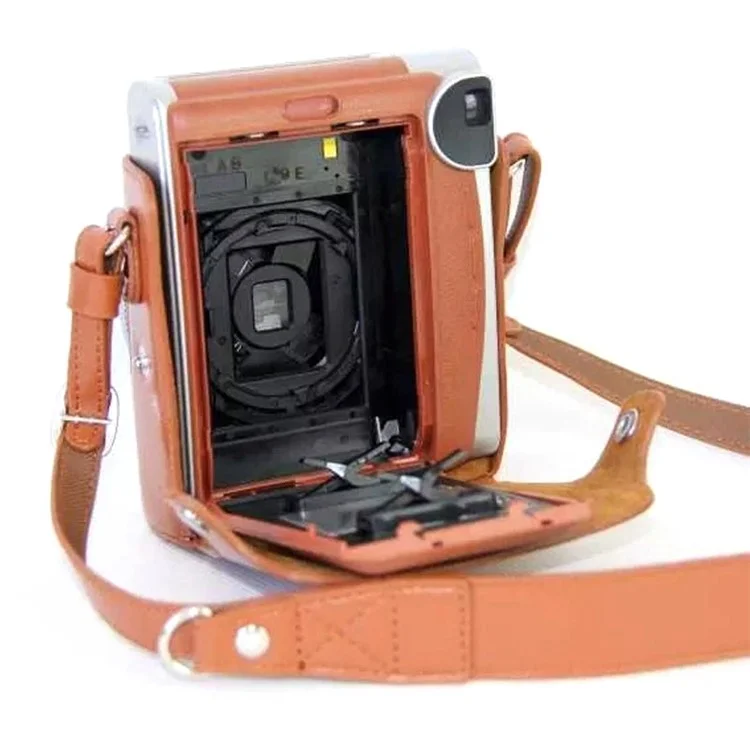 Para Fujifilm Instax Mini 90 Bolsa de Cámara de Cuero Sintético Funda Protectora con Funda de Película y Correa para el Cuello - Marrón
