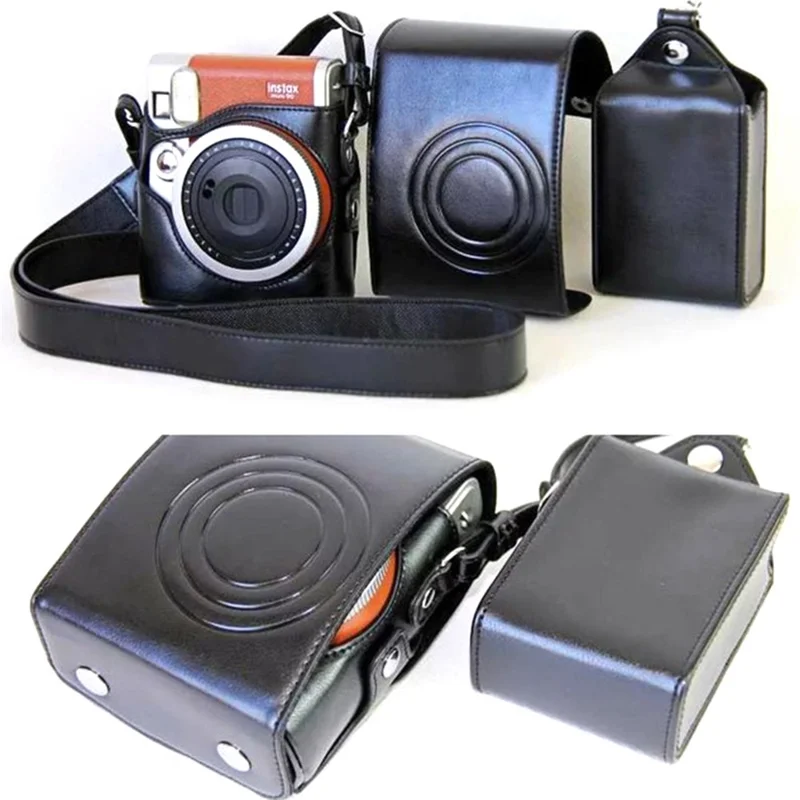 For Fujifilm Instax Mini 90 Synthetic Leather Camera Bag Protective Case with Film Case and Neck Strap - Black
