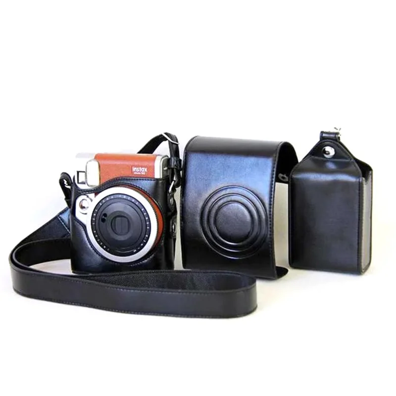 For Fujifilm Instax Mini 90 Synthetic Leather Camera Bag Protective Case with Film Case and Neck Strap - Black