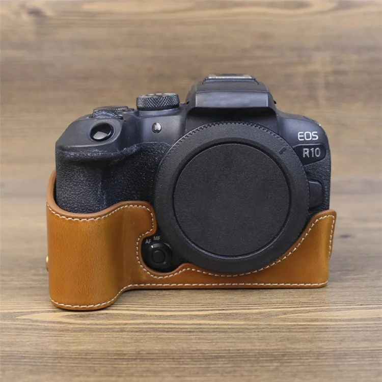 Для Canon EOS R10 PU Кожаная Противоязовая Камера Нижняя Крышка с Большим Дизайном Отверстия Защитная Полдня Корпус - Коричневый