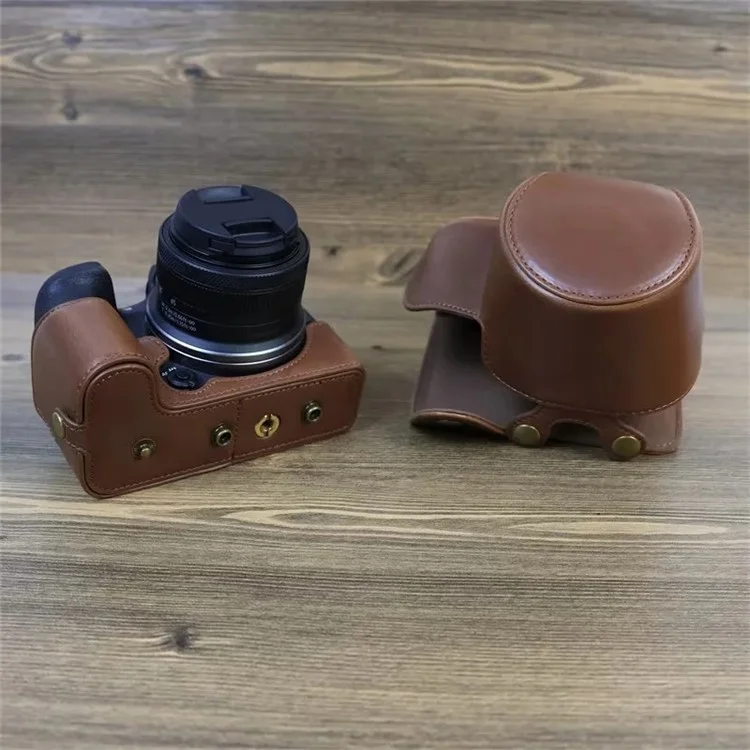 PU Leather Camera Case Bag for Canon EOS R10, Battery Opening Design Protective Cover with Lens Pouch and Strap - Coffee