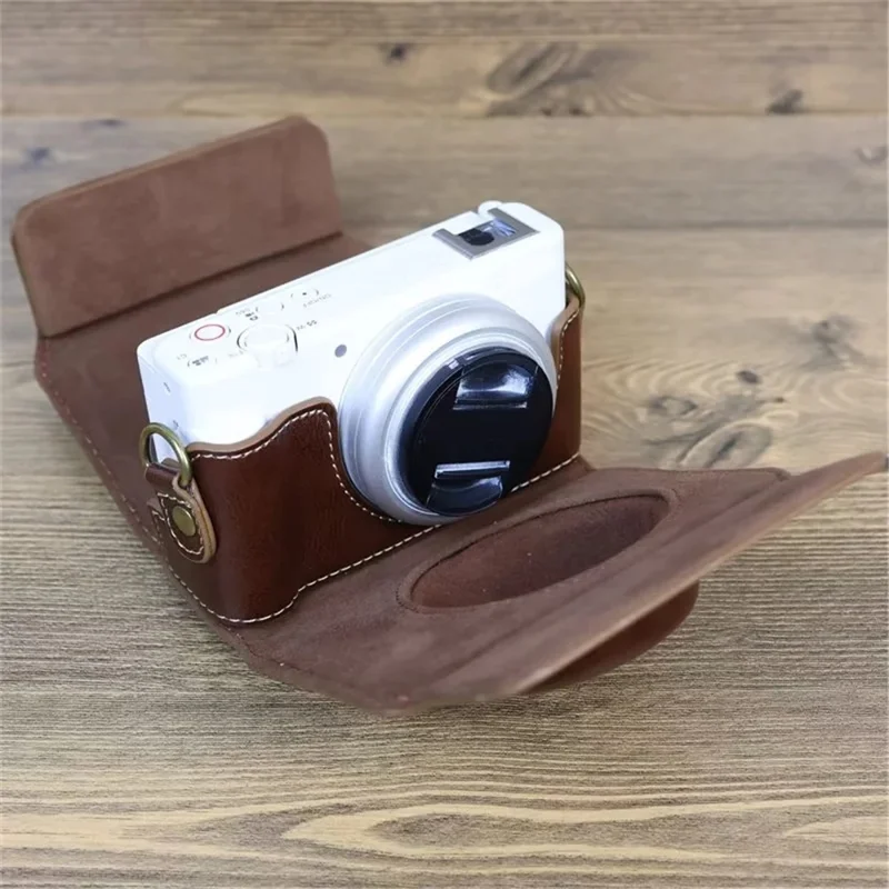 Funda de cuero de poliuretano para cámara Sony ZV-1F, bolso de transporte con protección total y correa para el hombro - Café