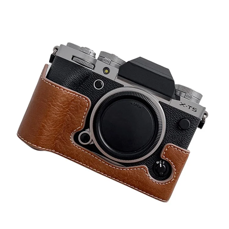 Para Fujifilm X-T5 Buffalo Texture PU Leather Camera Bottom Case Flannel Lining Half Body Protective Cover with Battery Opening - Marrom