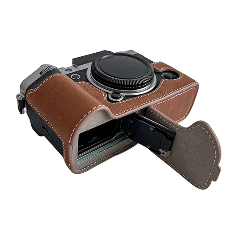 Para Fujifilm X-T5 Buffalo Texture PU Leather Camera Bottom Case Flannel Lining Half Body Protective Cover with Battery Opening - Marrom