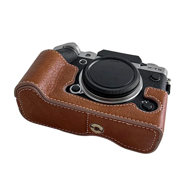 Para Fujifilm X-T5 Buffalo Texture PU Leather Camera Bottom Case Flannel Lining Half Body Protective Cover with Battery Opening - Marrom