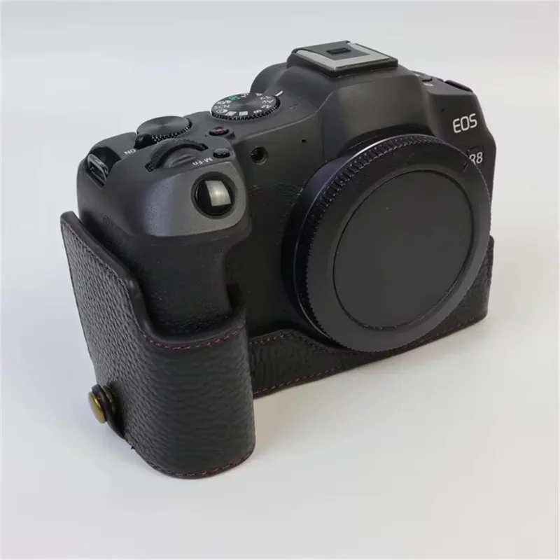 For Canon EOS R8 Genuine Cow Leather Camera Bottom Case Half Body Cover with Battery Opening - Black
