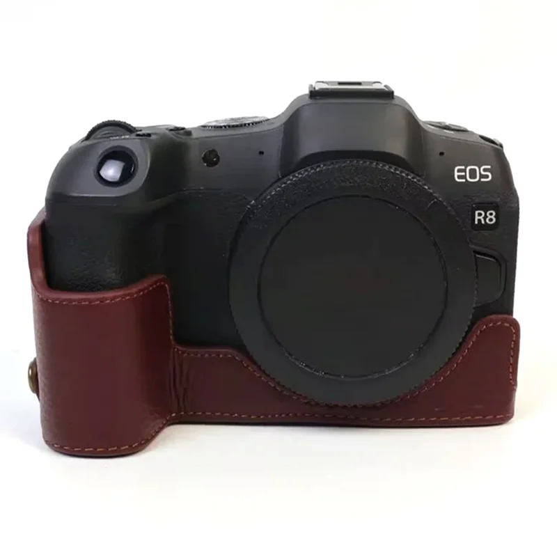 Para Canon EOS R8 Genuine Cow Leather Camera Bottom Case Half Body Cover com Abertura para Bateria - Café