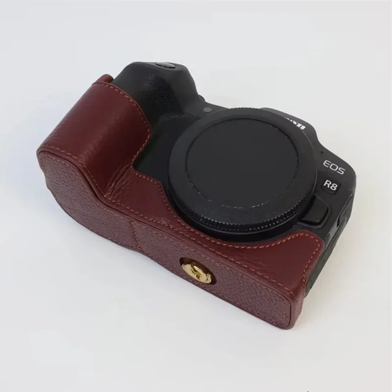 Para Canon EOS R8 Genuine Cow Leather Camera Bottom Case Half Body Cover com Abertura para Bateria - Café
