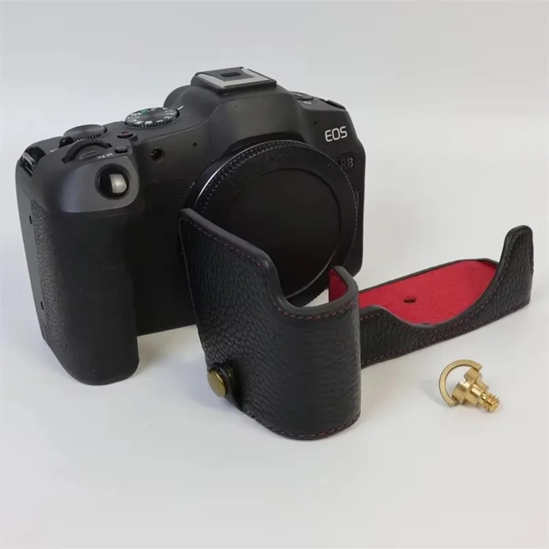 For Canon EOS R8 Genuine Cow Leather Camera Bottom Case Half Body Cover with Battery Opening - Brown
