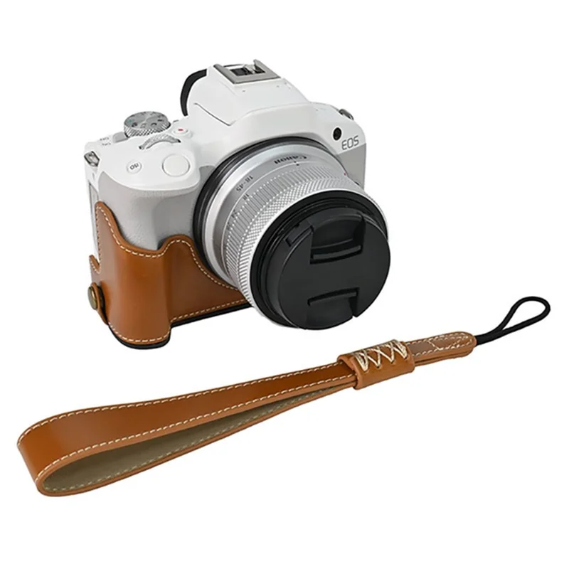 For Canon EOS R50 / R100 Camera Bottom Sleeve Large Opening Design PU Leather Half Body Case - Brown