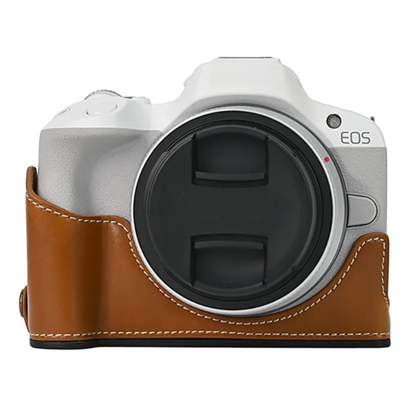 For Canon EOS R50 / R100 Camera Bottom Sleeve Large Opening Design PU Leather Half Body Case - Brown