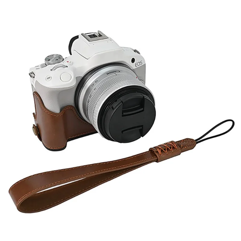 Pour Canon EOS R50 / R100 Caméra Bottom Sleeve Design Ouverture Large Étui en cuir de corps demi-PU - Café