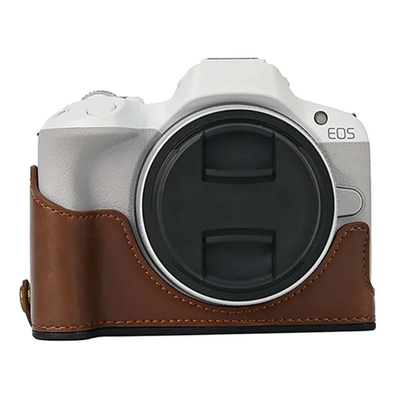 Pour Canon EOS R50 / R100 Caméra Bottom Sleeve Design Ouverture Large Étui en cuir de corps demi-PU - Café